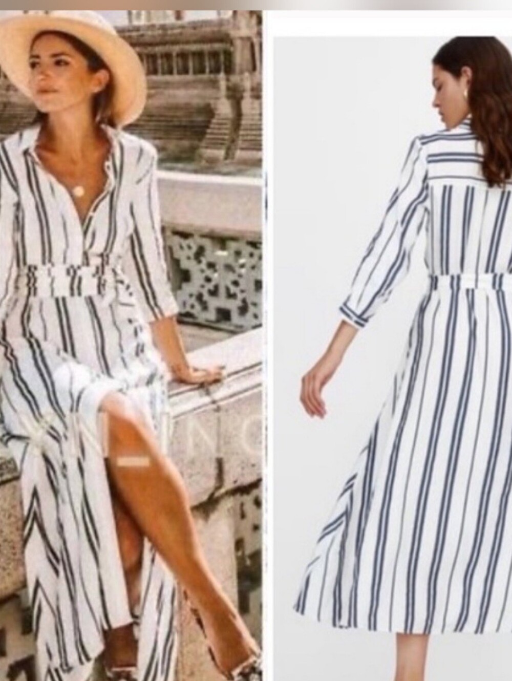 ZARA BLOGGER FAVE White & Dark Blue Striped Linen Belted Shirt Dress Shirtdress